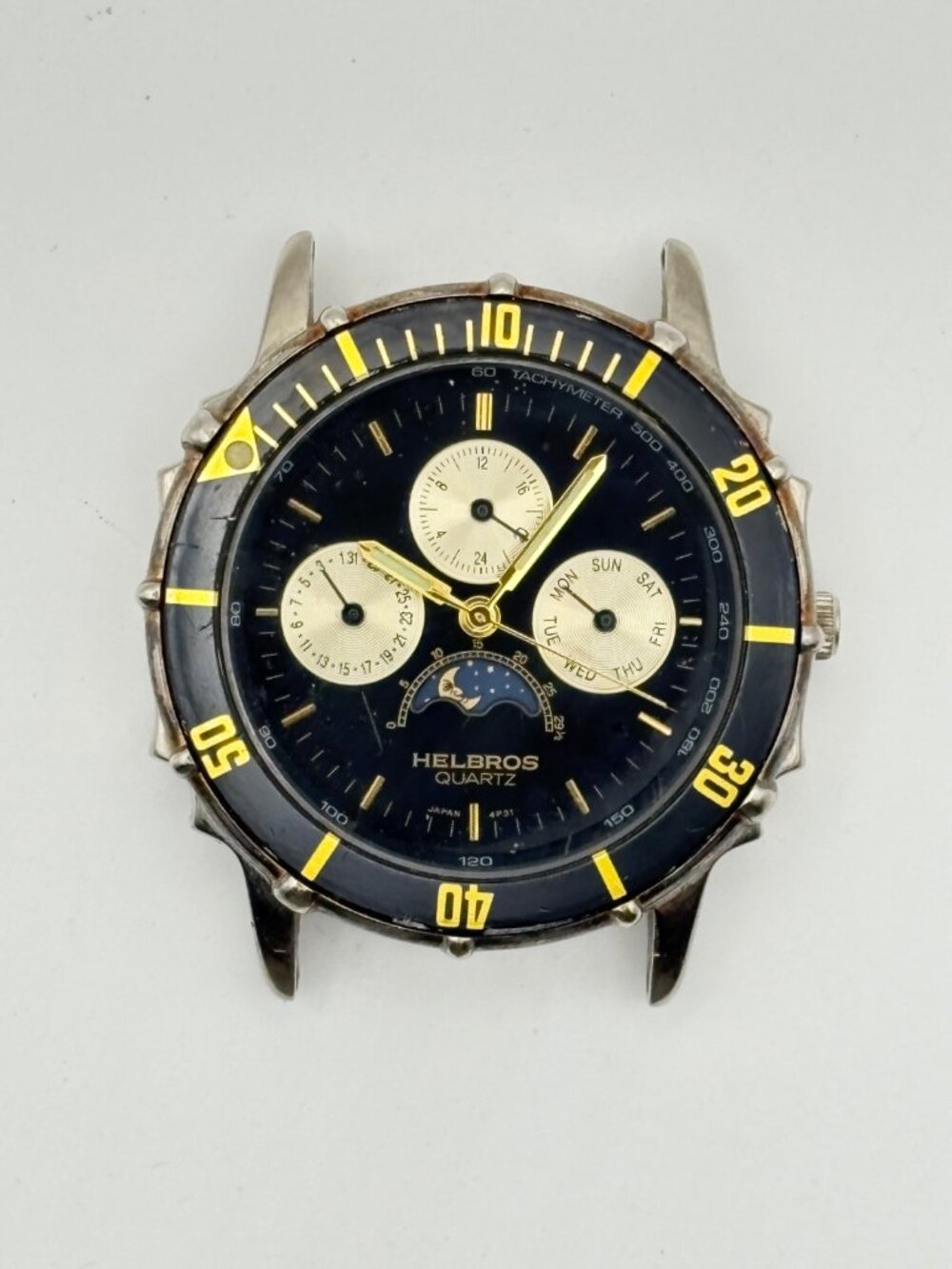 Helbros Quartz Moonphase Watch Head 38mm Diver Bezel Subdials Vintage 9301 4P31